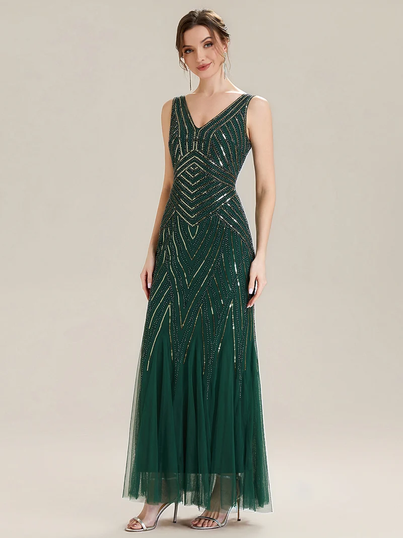 ever GLAMOUR|Robe longue sans manches à décolleté en V profond en mermaid avec patchwork de sequins à haute élasticité
