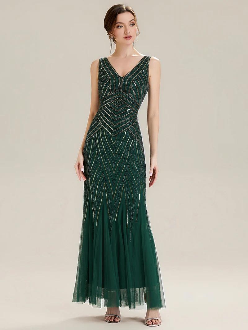 ever GLAMOUR|Robe longue sans manches à décolleté en V profond en mermaid avec patchwork de sequins à haute élasticité