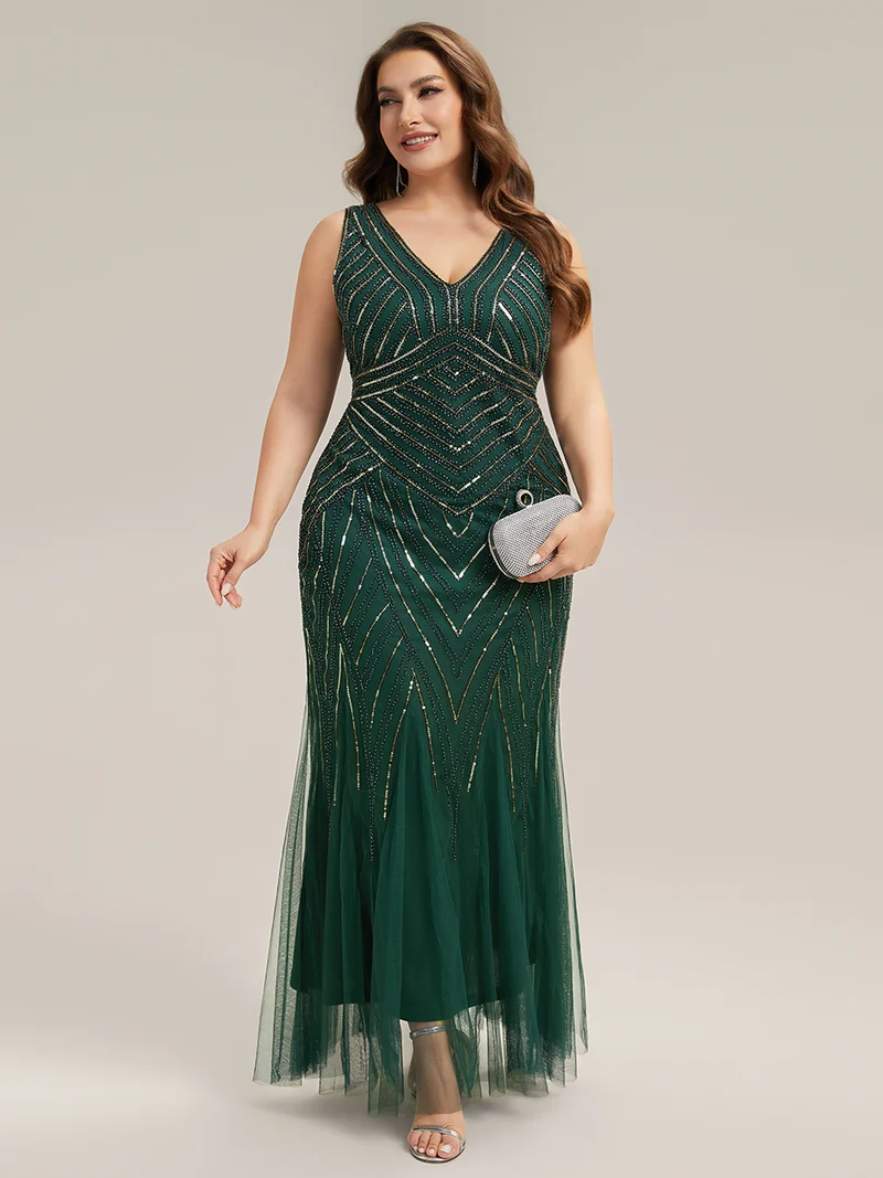 ever GLAMOUR|Robe longue sans manches à décolleté en V profond en mermaid avec patchwork de sequins à haute élasticité