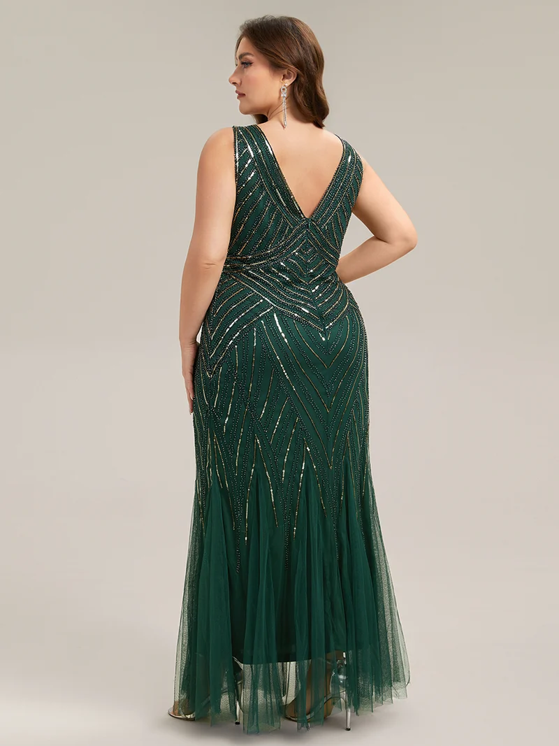 ever GLAMOUR|Robe longue sans manches à décolleté en V profond en mermaid avec patchwork de sequins à haute élasticité