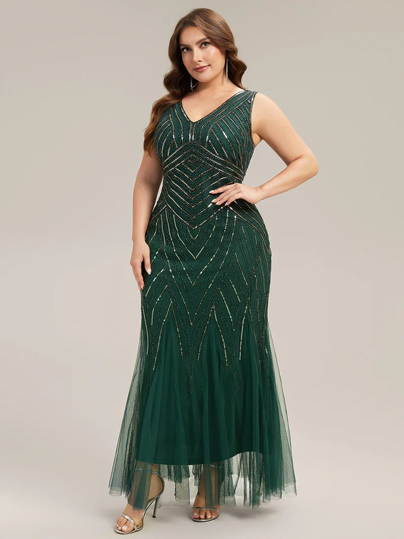 ever GLAMOUR|Robe longue sans manches à décolleté en V profond en mermaid avec patchwork de sequins à haute élasticité