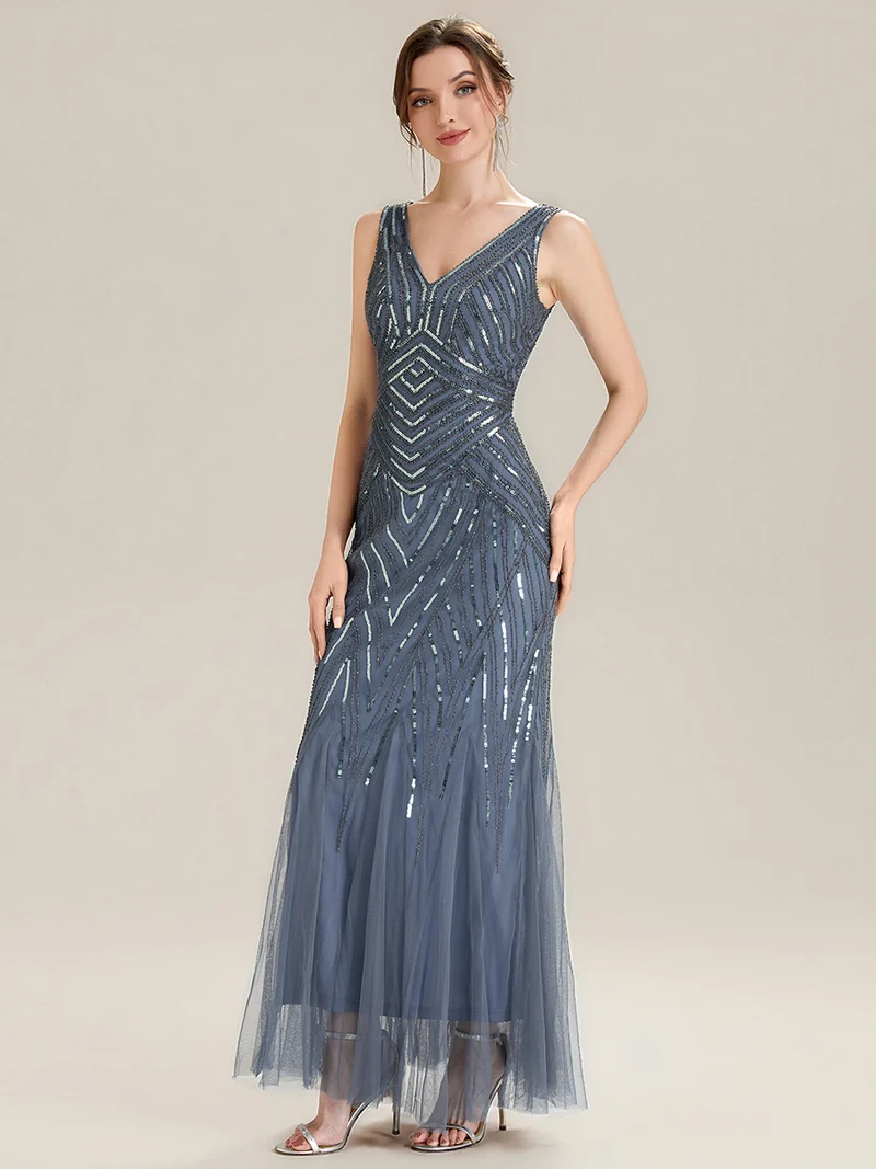 ever GLAMOUR|Robe longue sans manches à décolleté en V profond en mermaid avec patchwork de sequins à haute élasticité