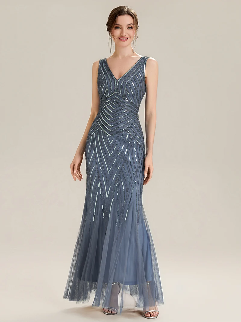 ever GLAMOUR|Robe longue sans manches à décolleté en V profond en mermaid avec patchwork de sequins à haute élasticité