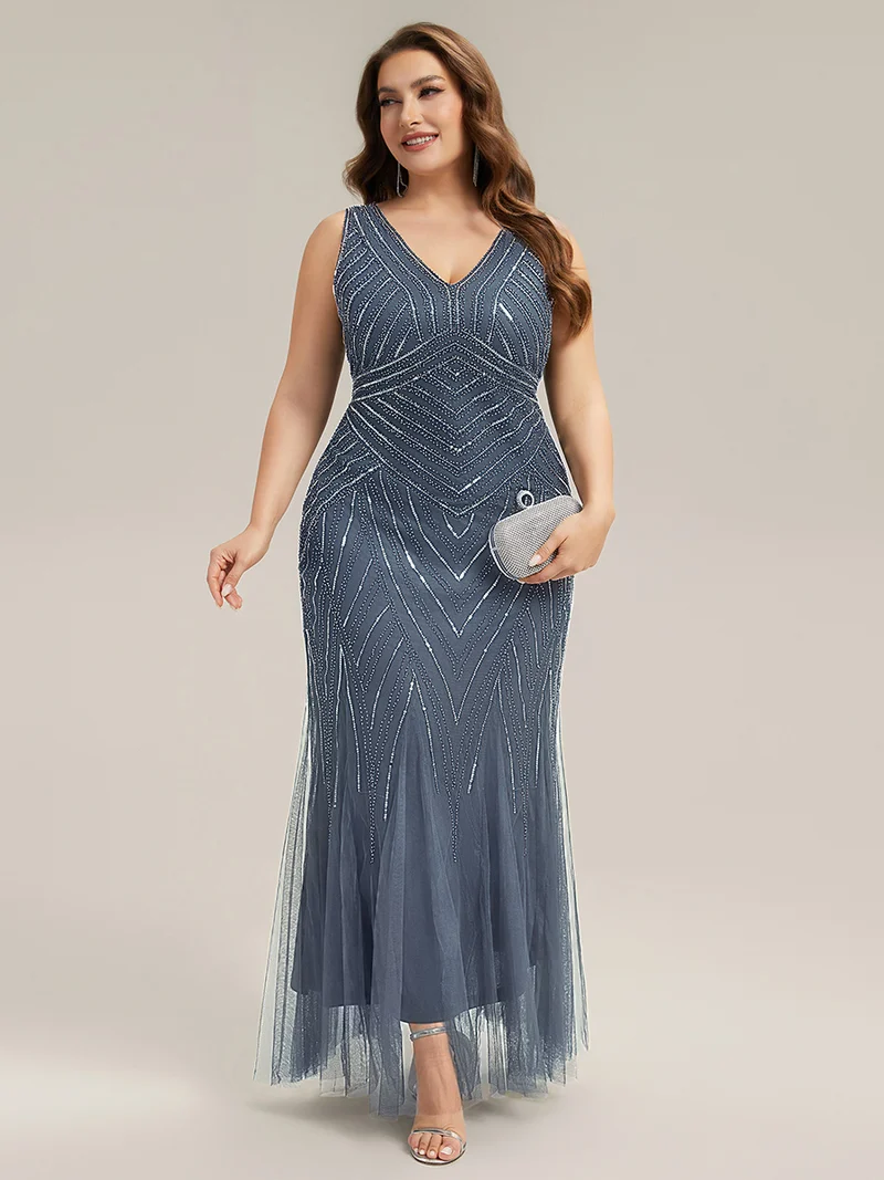 ever GLAMOUR|Robe longue sans manches à décolleté en V profond en mermaid avec patchwork de sequins à haute élasticité