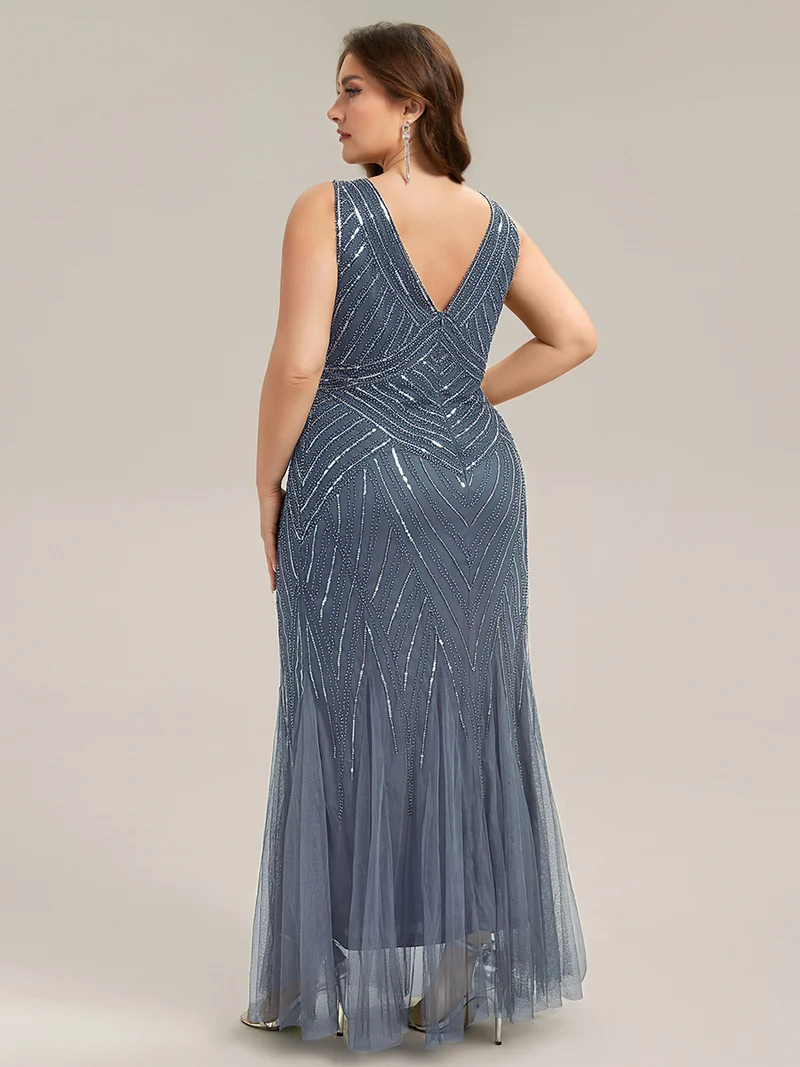 ever GLAMOUR|Robe longue sans manches à décolleté en V profond en mermaid avec patchwork de sequins à haute élasticité