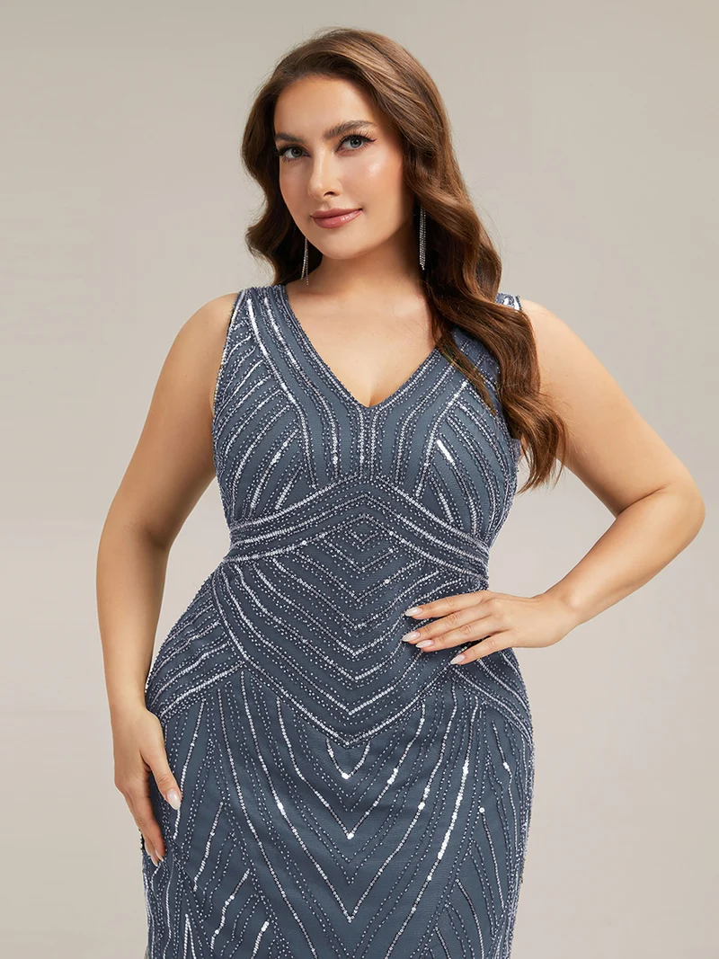 ever GLAMOUR|Robe longue sans manches à décolleté en V profond en mermaid avec patchwork de sequins à haute élasticité