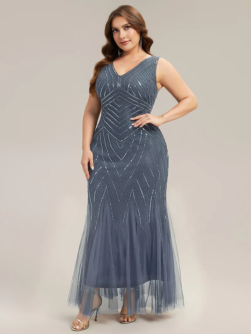 ever GLAMOUR|Robe longue sans manches à décolleté en V profond en mermaid avec patchwork de sequins à haute élasticité