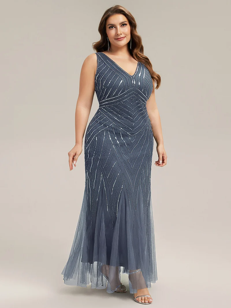 ever GLAMOUR|Robe longue sans manches à décolleté en V profond en mermaid avec patchwork de sequins à haute élasticité