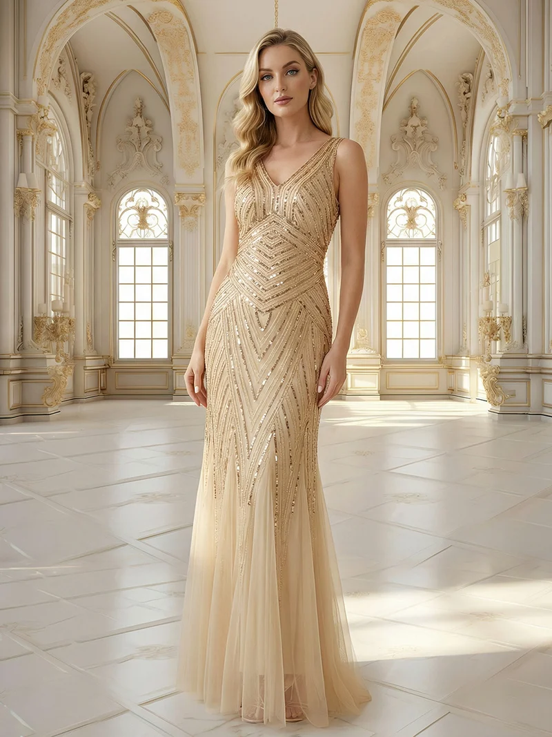 ever GLAMOUR|Robe longue sans manches à décolleté en V profond en mermaid avec patchwork de sequins à haute élasticité