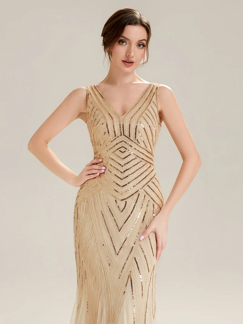 ever GLAMOUR|Robe longue sans manches à décolleté en V profond en mermaid avec patchwork de sequins à haute élasticité