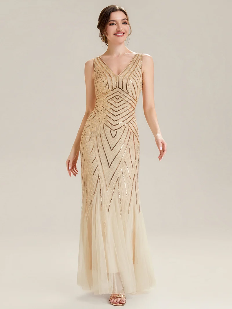 ever GLAMOUR|Robe longue sans manches à décolleté en V profond en mermaid avec patchwork de sequins à haute élasticité