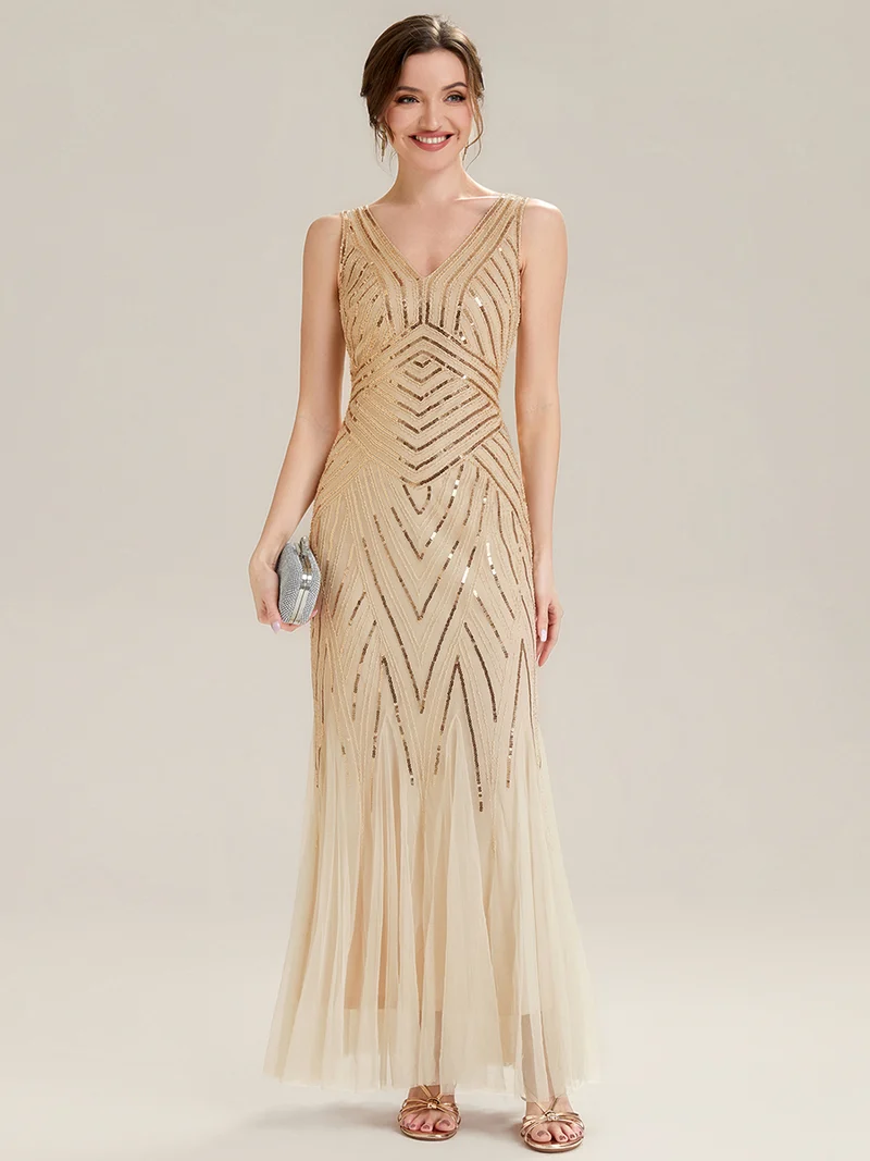ever GLAMOUR|Robe longue sans manches à décolleté en V profond en mermaid avec patchwork de sequins à haute élasticité