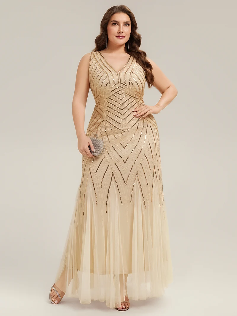 ever GLAMOUR|Robe longue sans manches à décolleté en V profond en mermaid avec patchwork de sequins à haute élasticité