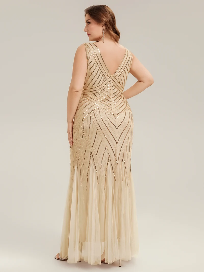 ever GLAMOUR|Robe longue sans manches à décolleté en V profond en mermaid avec patchwork de sequins à haute élasticité