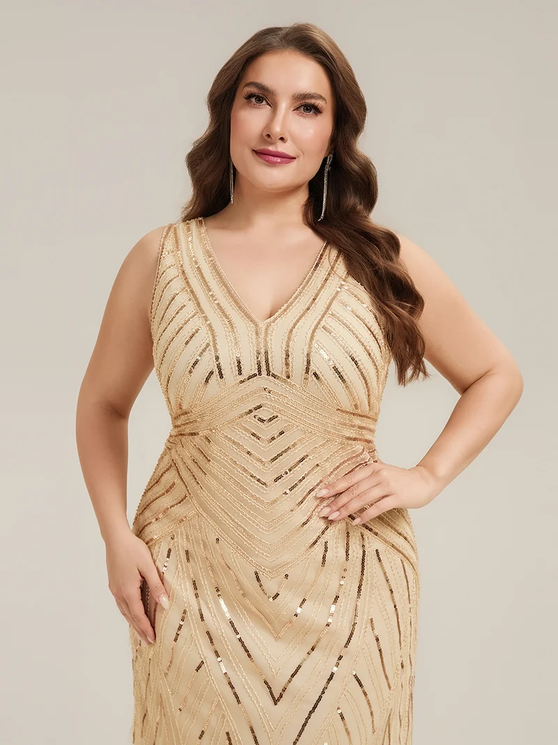 ever GLAMOUR|Robe longue sans manches à décolleté en V profond en mermaid avec patchwork de sequins à haute élasticité