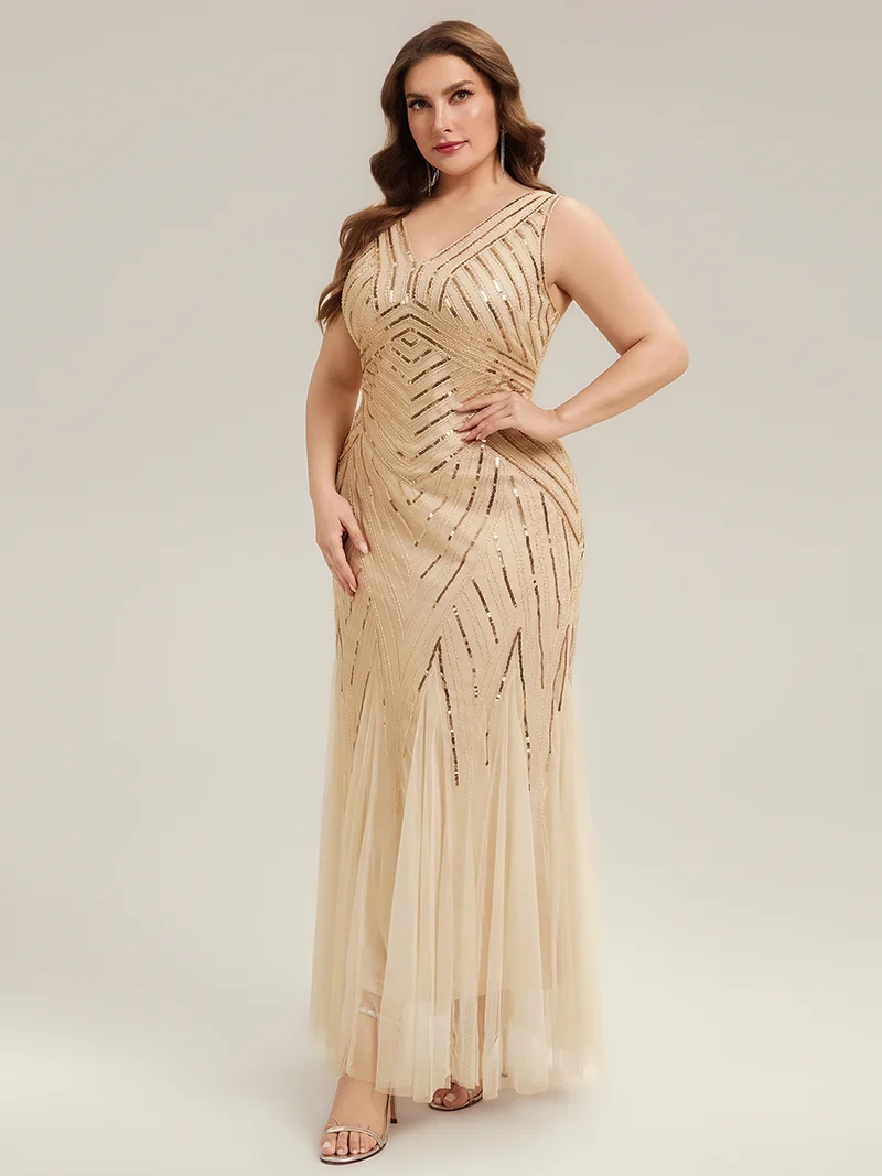 ever GLAMOUR|Robe longue sans manches à décolleté en V profond en mermaid avec patchwork de sequins à haute élasticité