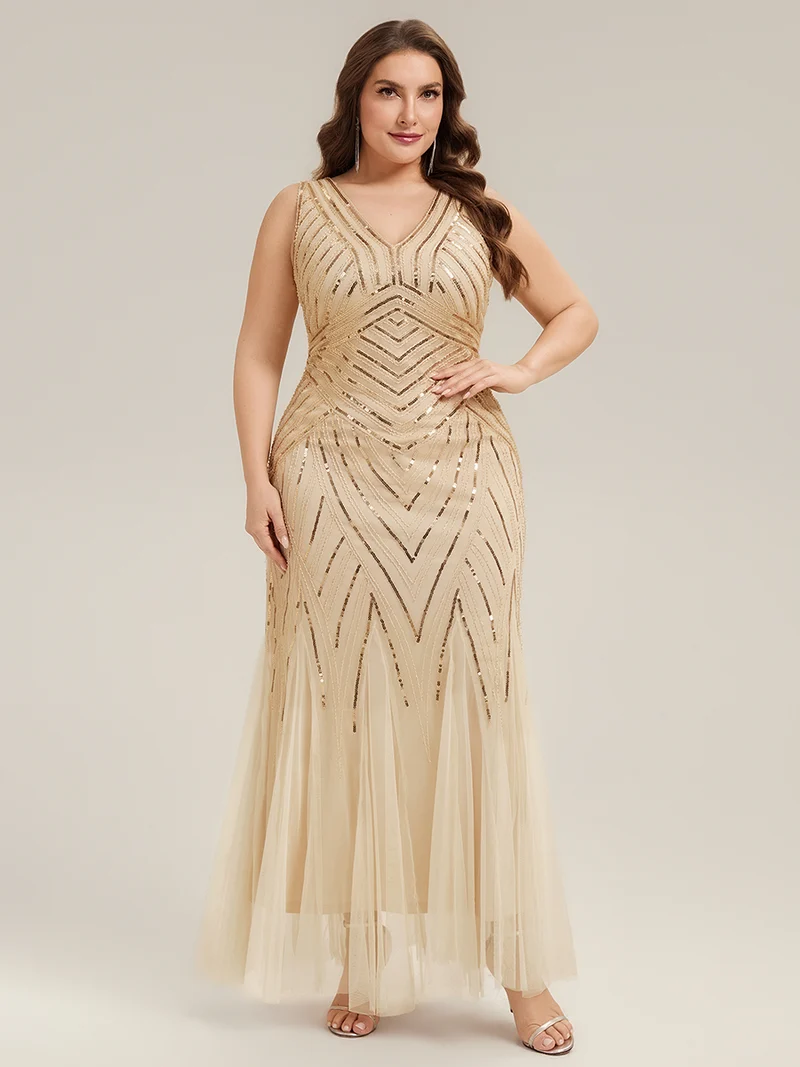 ever GLAMOUR|Robe longue sans manches à décolleté en V profond en mermaid avec patchwork de sequins à haute élasticité