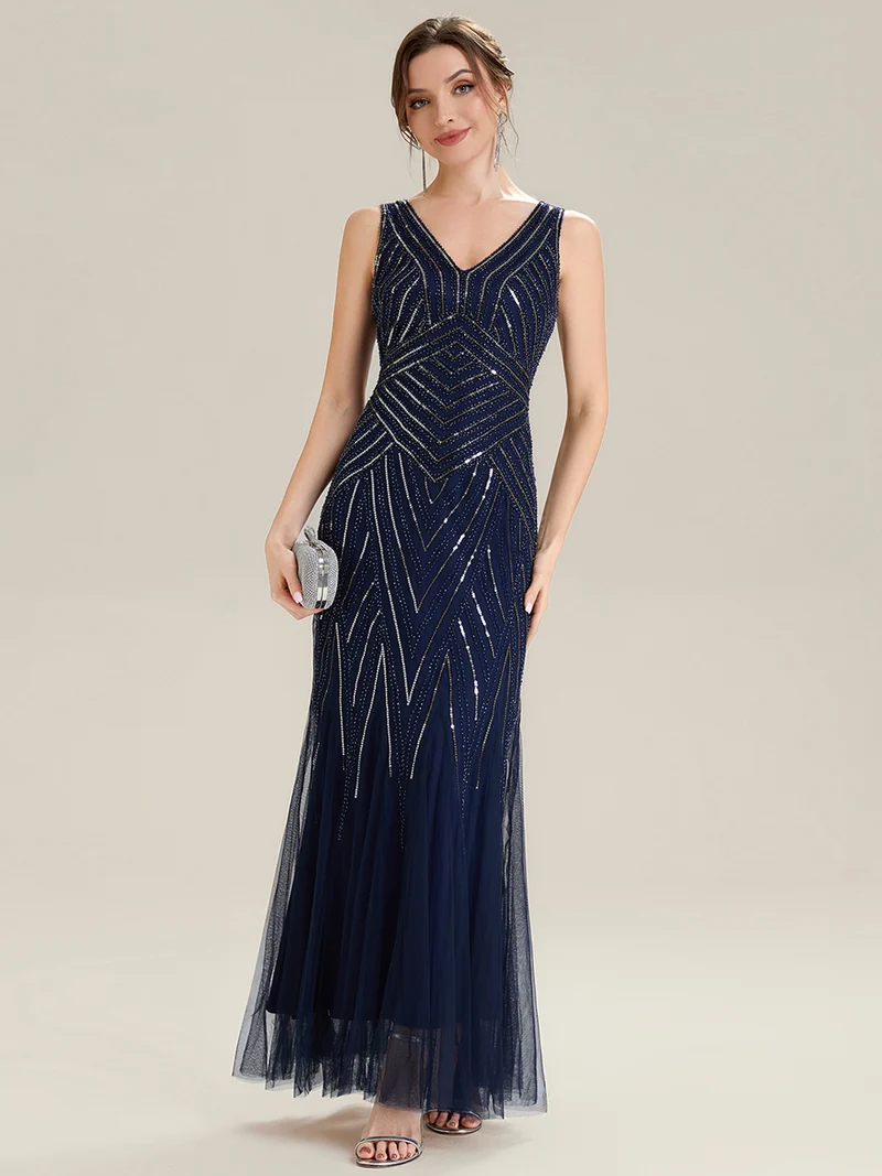 ever GLAMOUR|Robe longue sans manches à décolleté en V profond en mermaid avec patchwork de sequins à haute élasticité