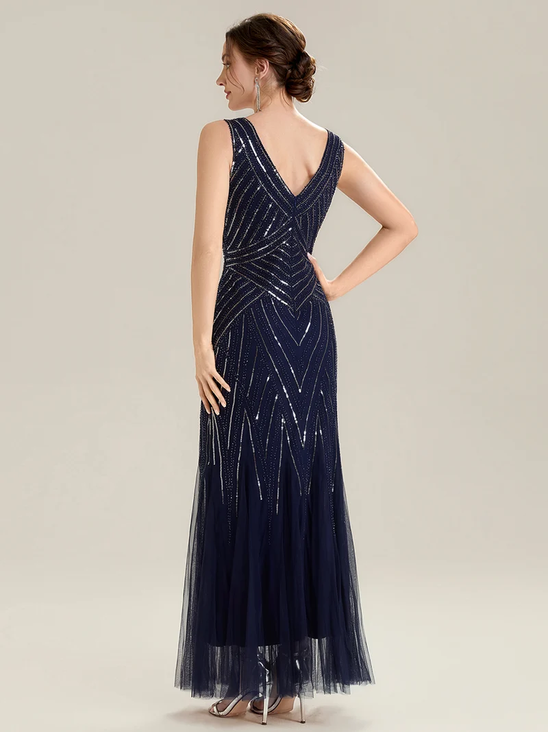 ever GLAMOUR|Robe longue sans manches à décolleté en V profond en mermaid avec patchwork de sequins à haute élasticité