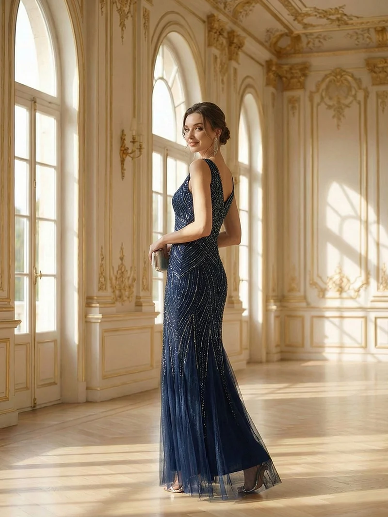 ever GLAMOUR|Robe longue sans manches à décolleté en V profond en mermaid avec patchwork de sequins à haute élasticité