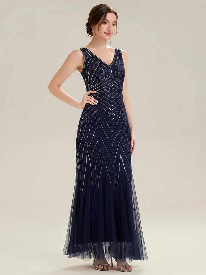 ever GLAMOUR|Robe longue sans manches à décolleté en V profond en mermaid avec patchwork de sequins à haute élasticité