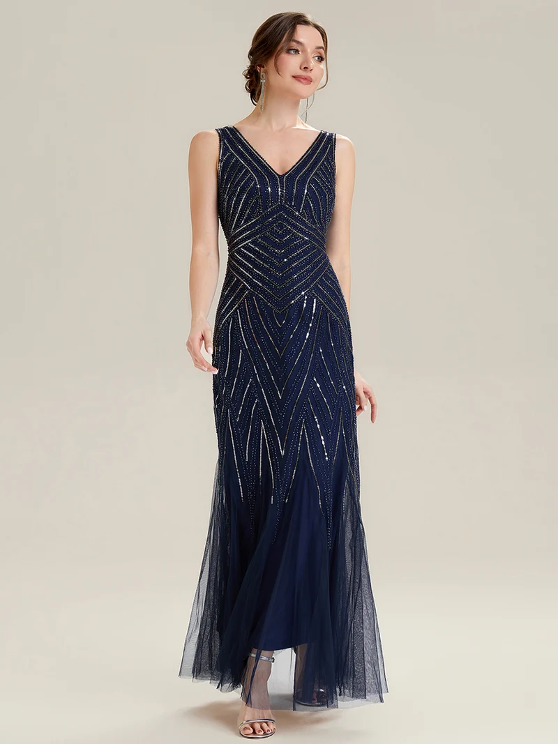 ever GLAMOUR|Robe longue sans manches à décolleté en V profond en mermaid avec patchwork de sequins à haute élasticité