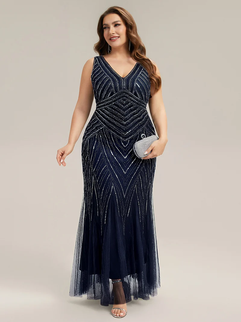 ever GLAMOUR|Robe longue sans manches à décolleté en V profond en mermaid avec patchwork de sequins à haute élasticité