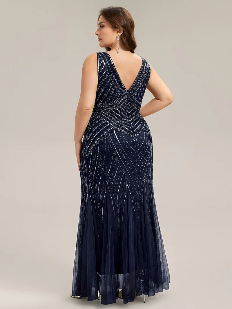 ever GLAMOUR|Robe longue sans manches à décolleté en V profond en mermaid avec patchwork de sequins à haute élasticité