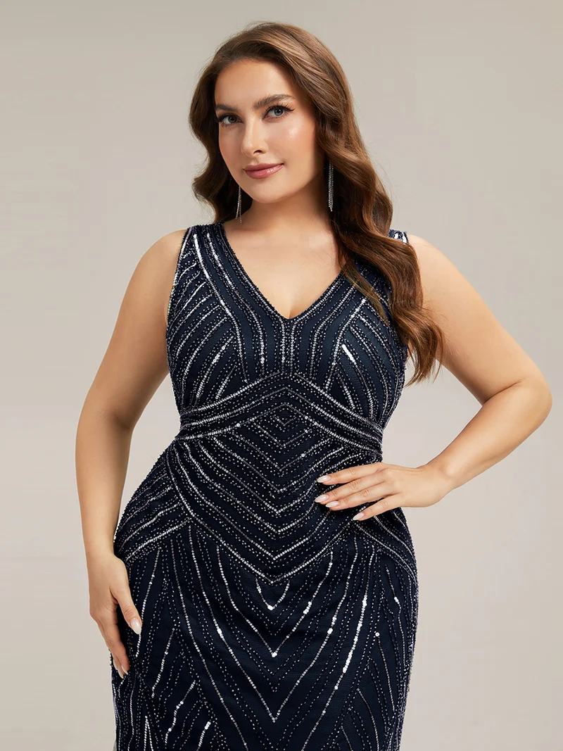 ever GLAMOUR|Robe longue sans manches à décolleté en V profond en mermaid avec patchwork de sequins à haute élasticité