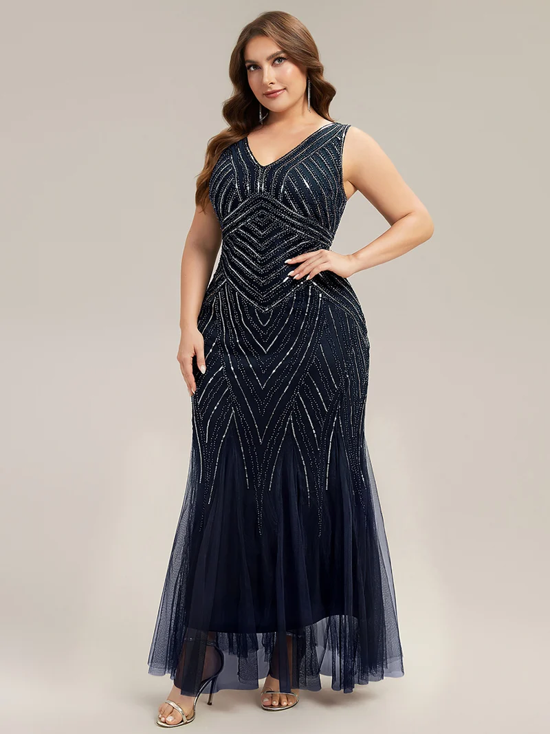 ever GLAMOUR|Robe longue sans manches à décolleté en V profond en mermaid avec patchwork de sequins à haute élasticité