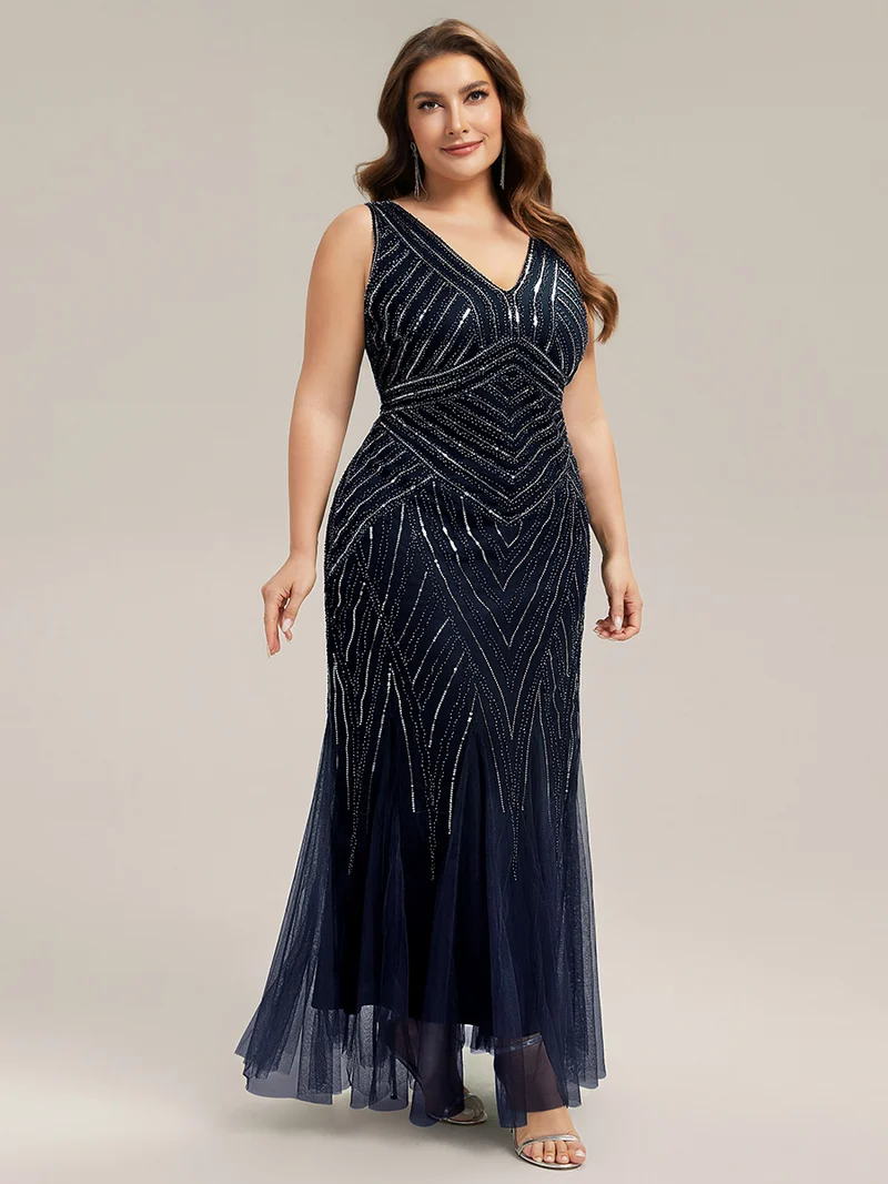 ever GLAMOUR|Robe longue sans manches à décolleté en V profond en mermaid avec patchwork de sequins à haute élasticité