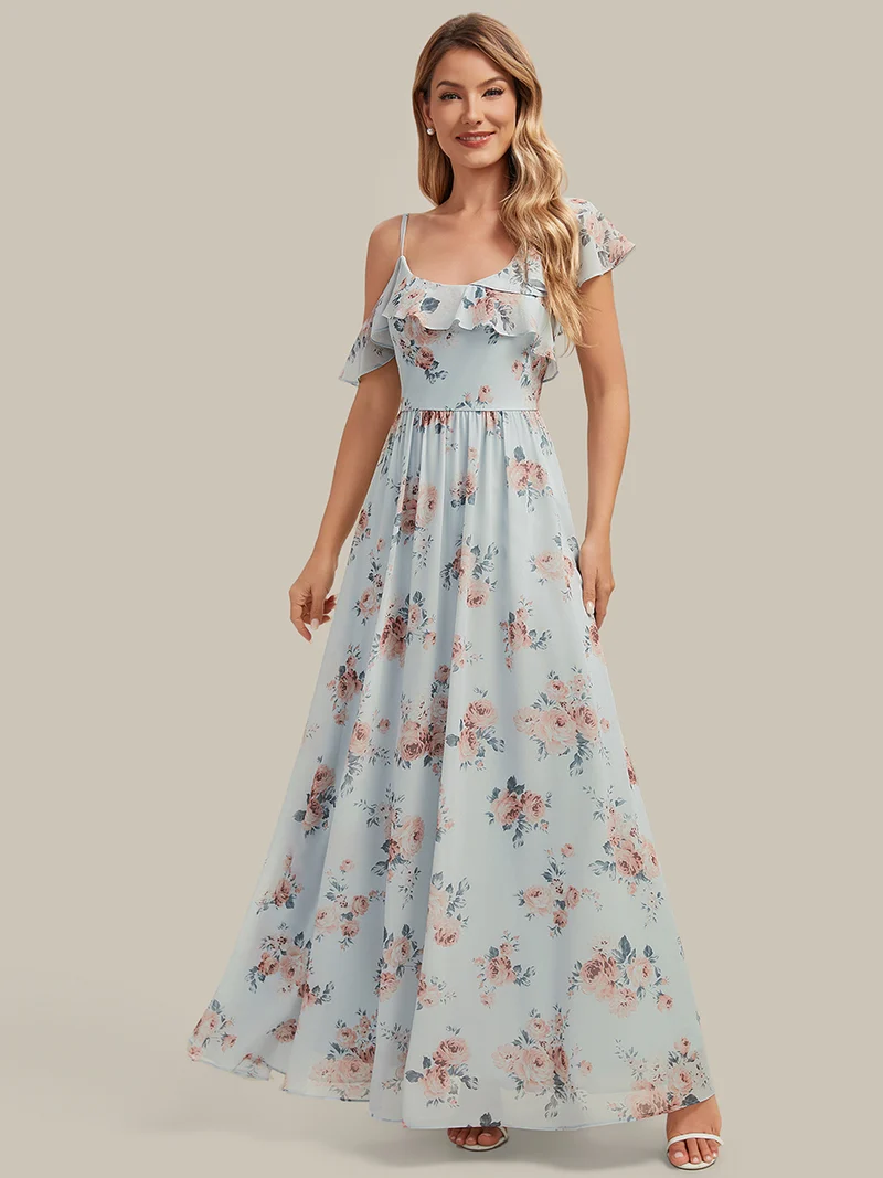 ever AIDA|Robe longue taille haute en chiffon à volants asymétriques