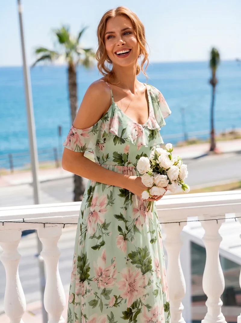 ever AIDA|Robe longue taille haute en chiffon à volants asymétriques