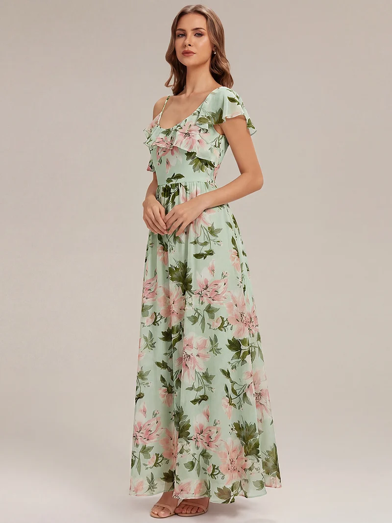 ever AIDA|Robe longue taille haute en chiffon à volants asymétriques