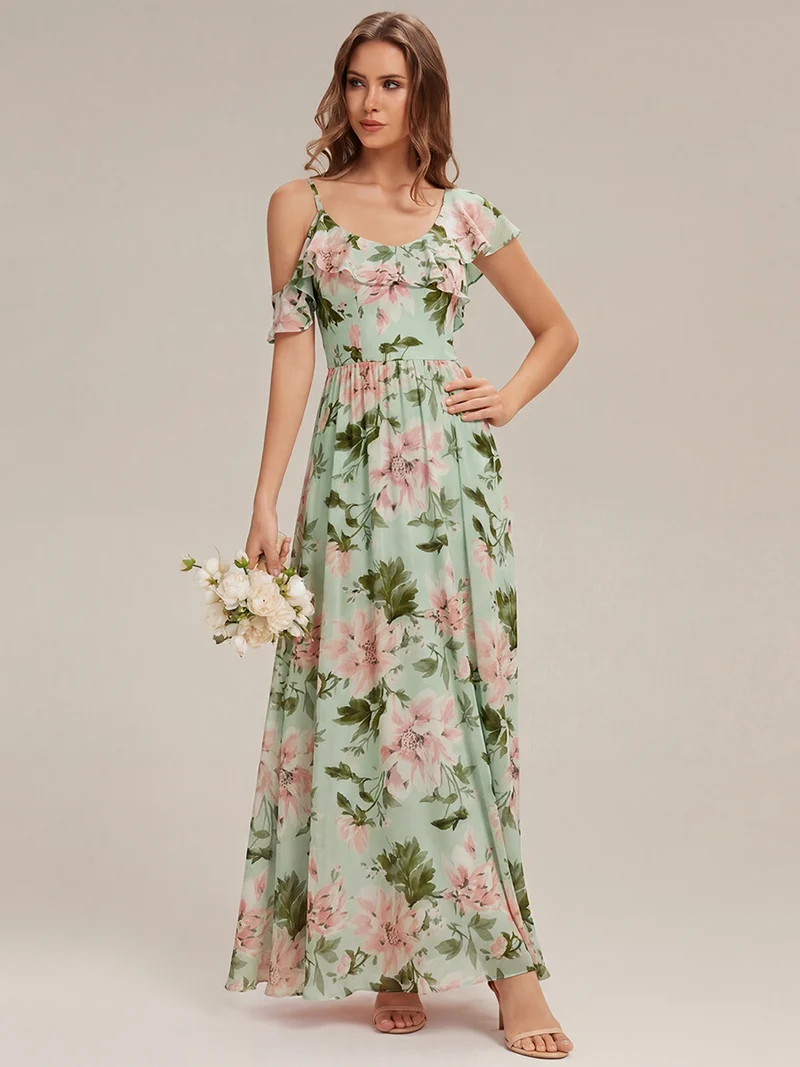 ever AIDA|Robe longue taille haute en chiffon à volants asymétriques
