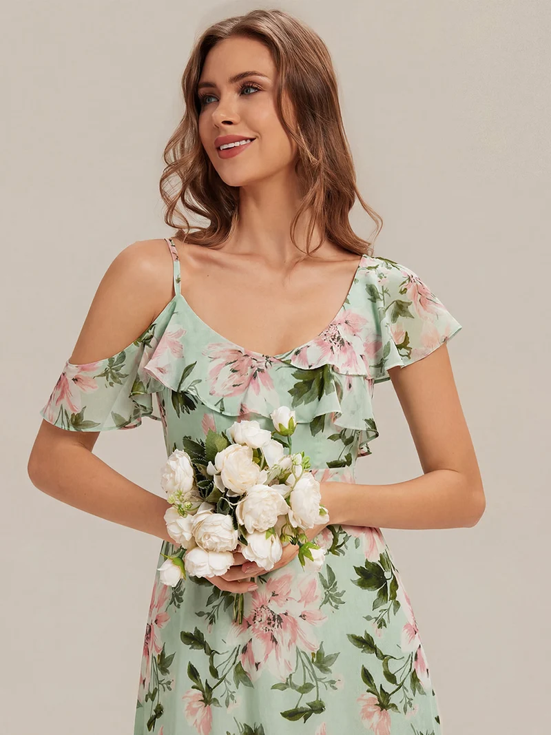 ever AIDA|Robe longue taille haute en chiffon à volants asymétriques