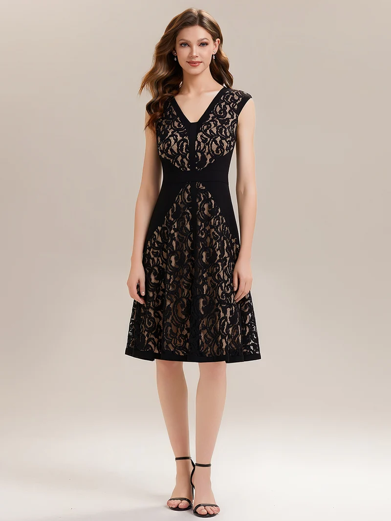 ever TOVE|Robe midi évasée à manches courtes en V avec détails en patchwork transparent et haute élasticité