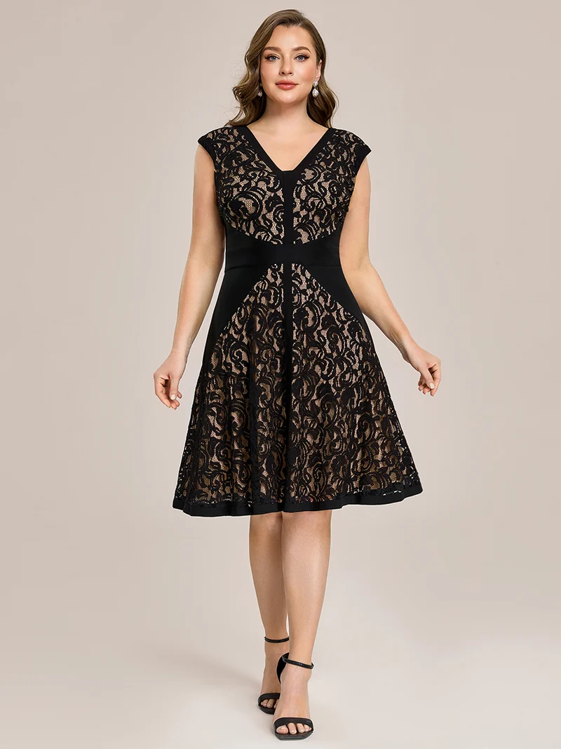 ever TOVE|Robe midi évasée à manches courtes en V avec détails en patchwork transparent et haute élasticité