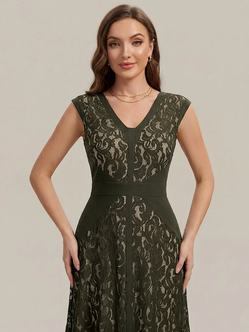 ever TOVE|Robe midi évasée à manches courtes en V avec détails en patchwork transparent et haute élasticité