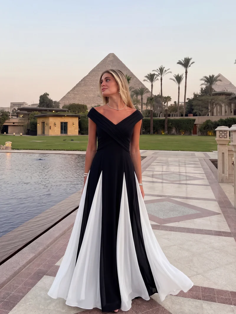 ever ONYX|Robe longue à encolure en V à manches courtes avec détails froncés en patchwork
