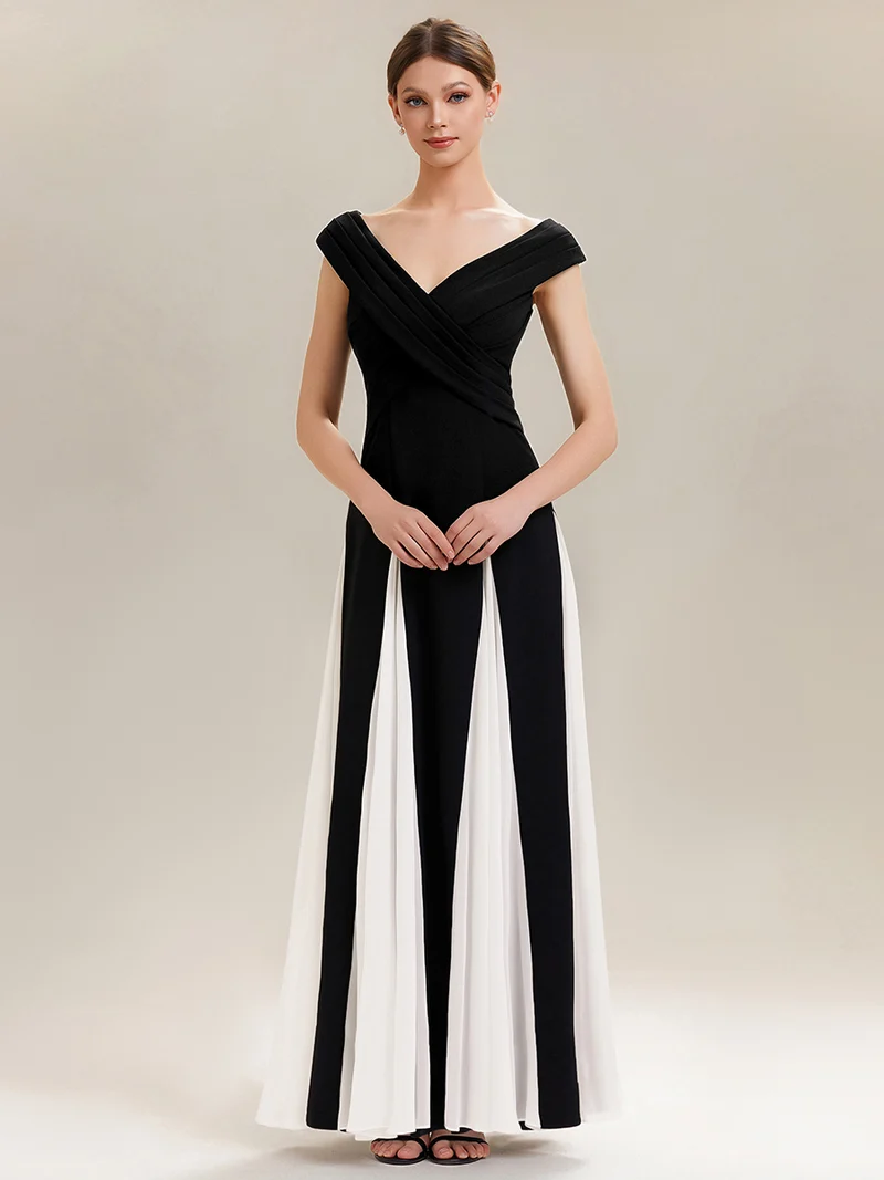 ever ONYX|Robe longue à encolure en V à manches courtes avec détails froncés en patchwork