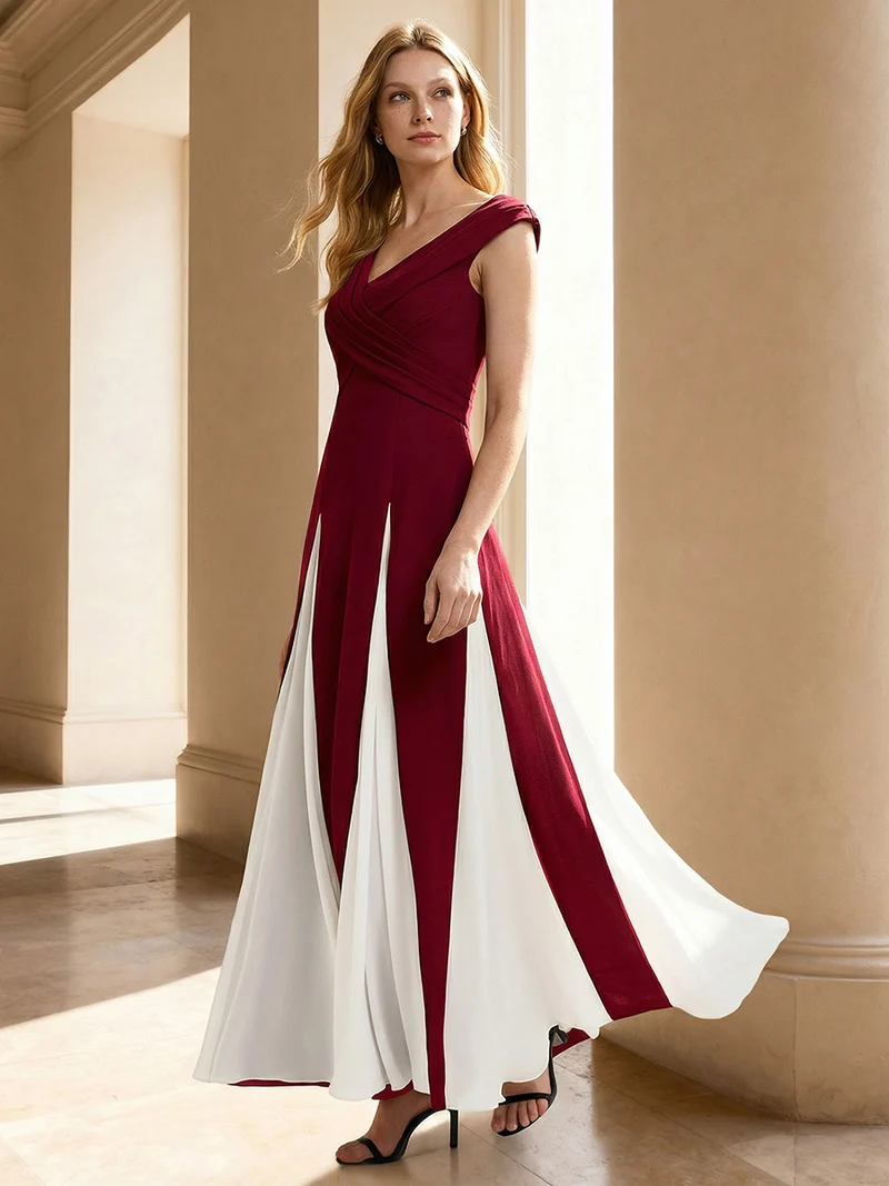 ever ONYX|Robe longue à encolure en V à manches courtes avec détails froncés en patchwork
