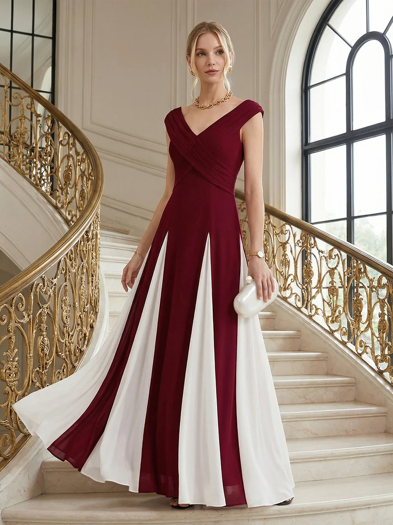 ever ONYX|Robe longue à encolure en V à manches courtes avec détails froncés en patchwork