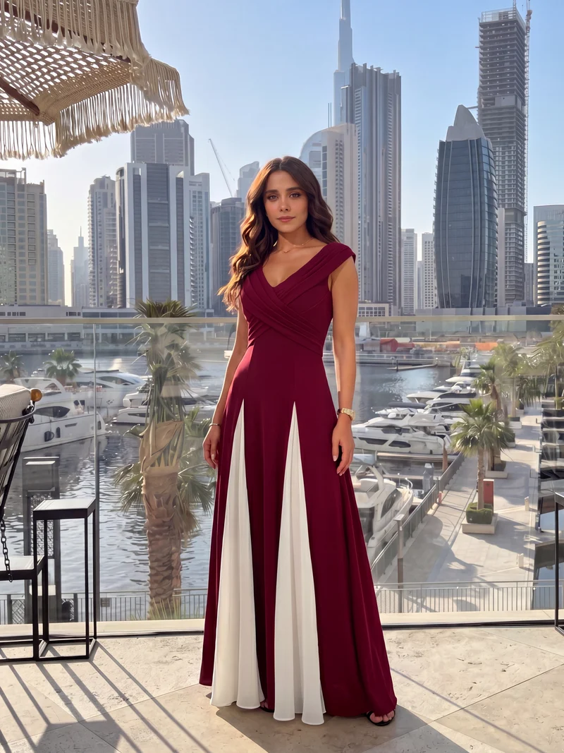 ever ONYX|Robe longue à encolure en V à manches courtes avec détails froncés en patchwork