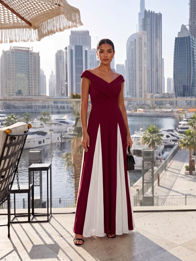 ever ONYX|Robe longue à encolure en V à manches courtes avec détails froncés en patchwork