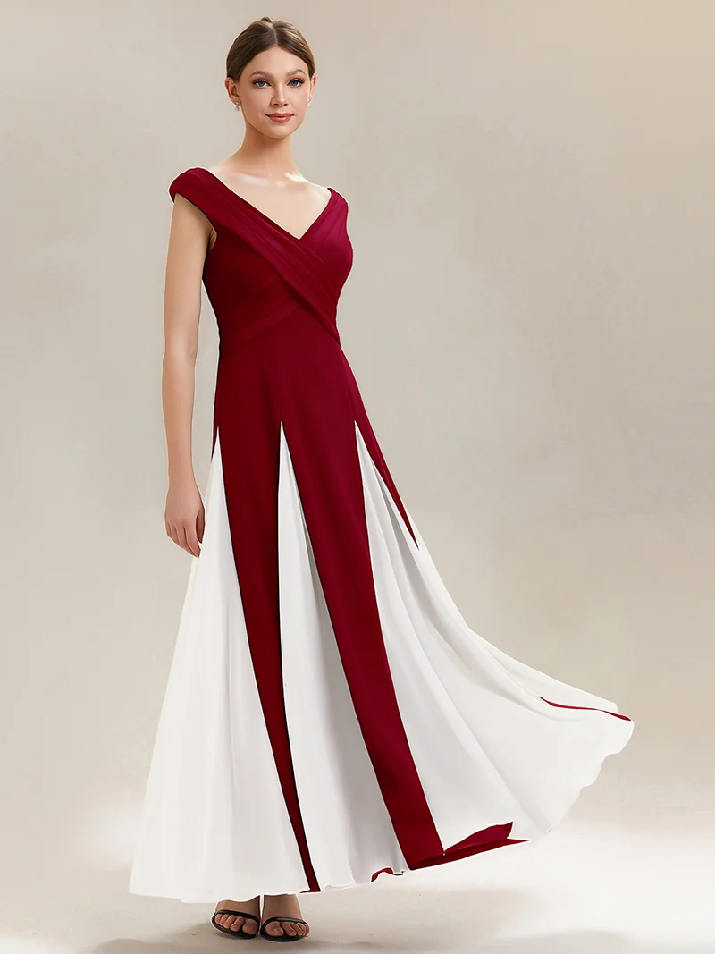 ever ONYX|Robe longue à encolure en V à manches courtes avec détails froncés en patchwork