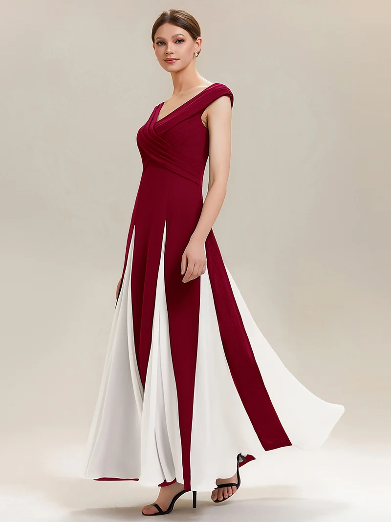 ever ONYX|Robe longue à encolure en V à manches courtes avec détails froncés en patchwork