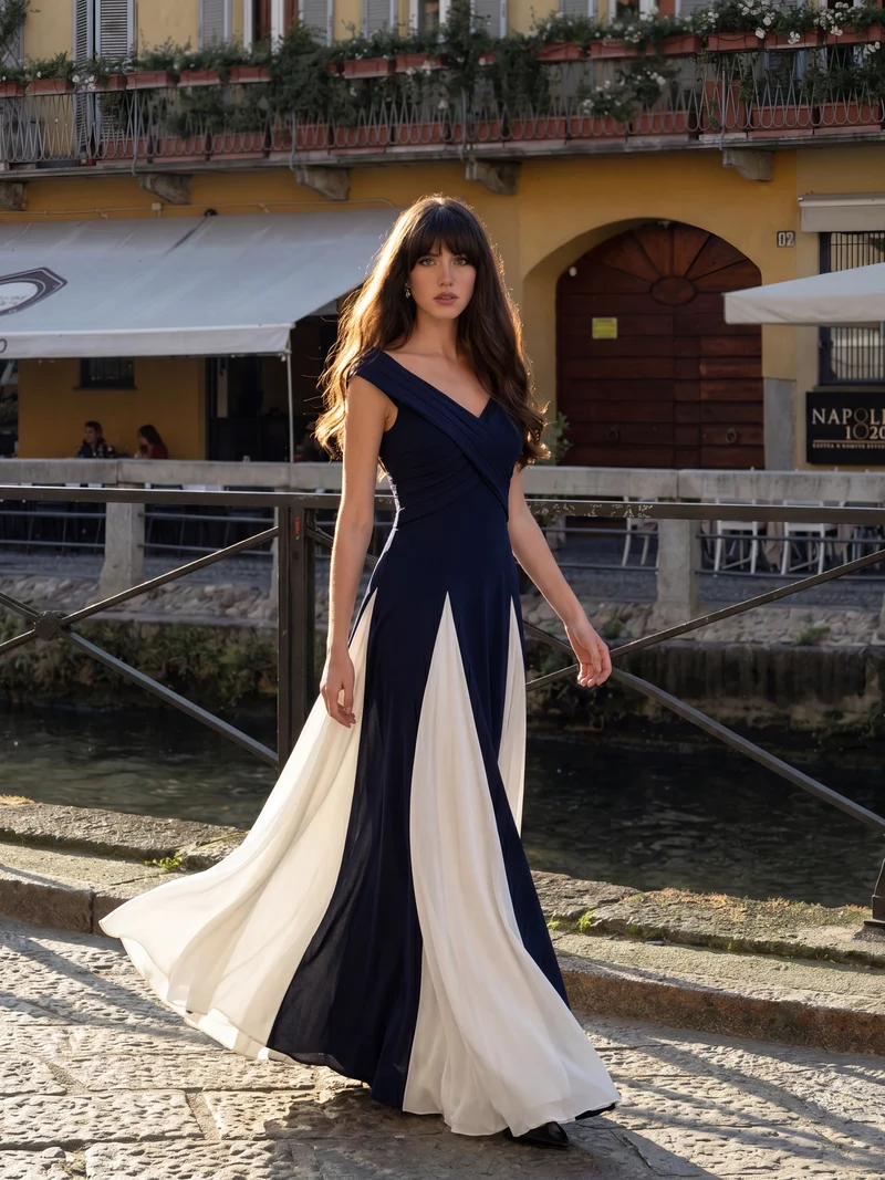 ever ONYX|Robe longue à encolure en V à manches courtes avec détails froncés en patchwork