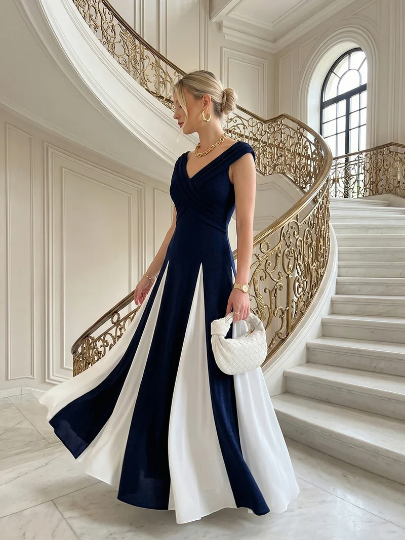 ever ONYX|Robe longue à encolure en V à manches courtes avec détails froncés en patchwork