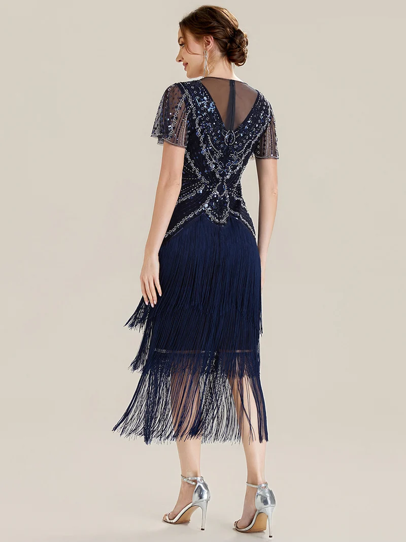 ever SOIREE|Robe midi à manches courtes avec volants et col rond ornée de patchwork en perles
